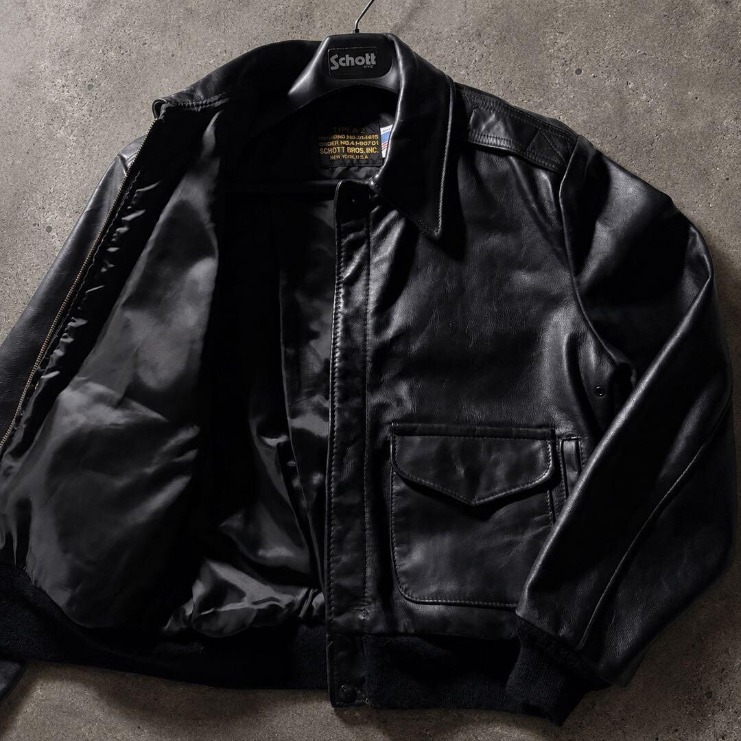 Schott A2 Leather Flight Jacket Black Mens Size 42 Mi… - Gem