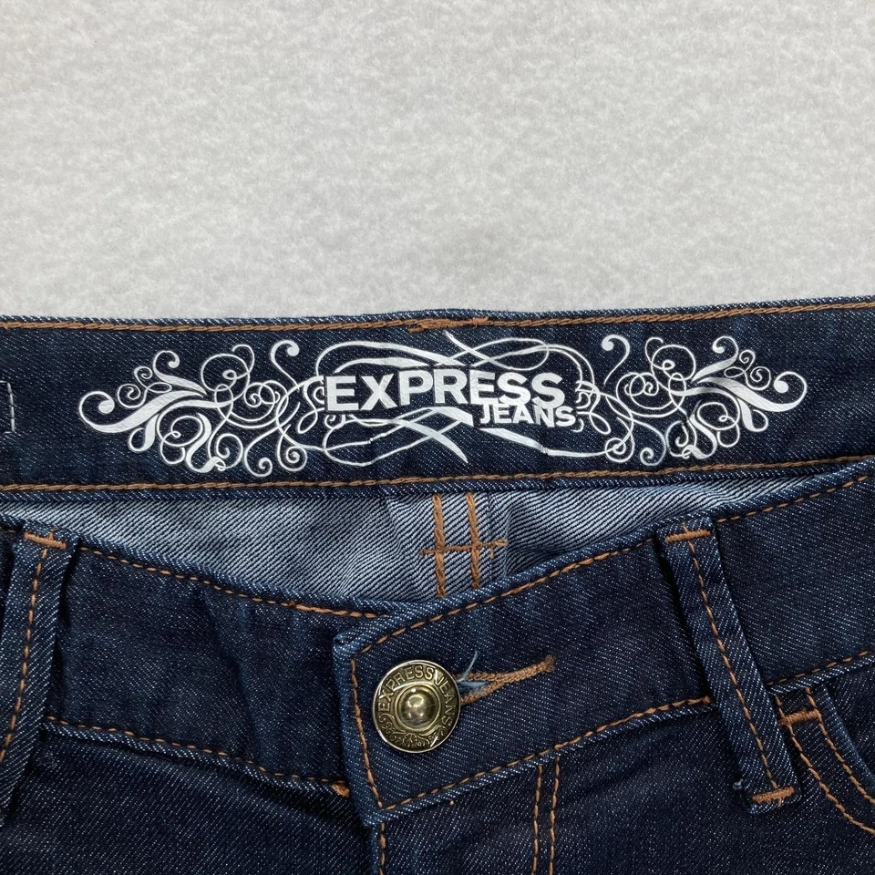 Pantalones de mezclilla Express para mujer 6 lavados oscuros Zelda ajustados tiro ultra bajo Y2K Foto 4 de 4
