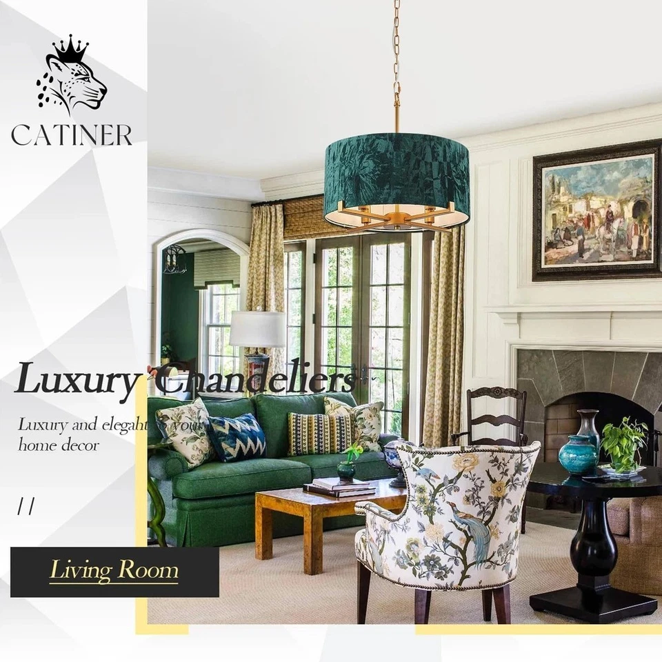 "Colgante de araña de tambor de 4 luces vintage dorado y verde esmeralda colgante redondo de 18""... Foto 3 de 4