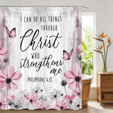 Christian Shower Curtain Bible Verse Rustic Farmhouse Pink Shower Curtain Scr...