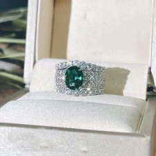 2.60 Ct Oval Cut Emerald & Moissanite Engagement Ring 14k White Gold Finish