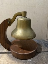 Vintage Brass Nautical Desk Bell w/ Wood Stand Maritime Ship Style 9&rdquo; Tall