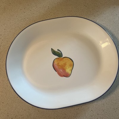 Corning Corelle Fruit Basket with Apple 12.5  Serving Platter Blue Rim