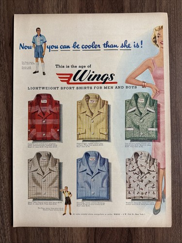 Wings Lightweight Sport Shirts Print Ad Men Boys Fashion Apparel Clothing 1950s