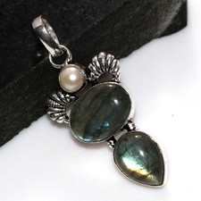 Large Fiery Labradorite Pearl 925 Silver Plated Pendant 2.1