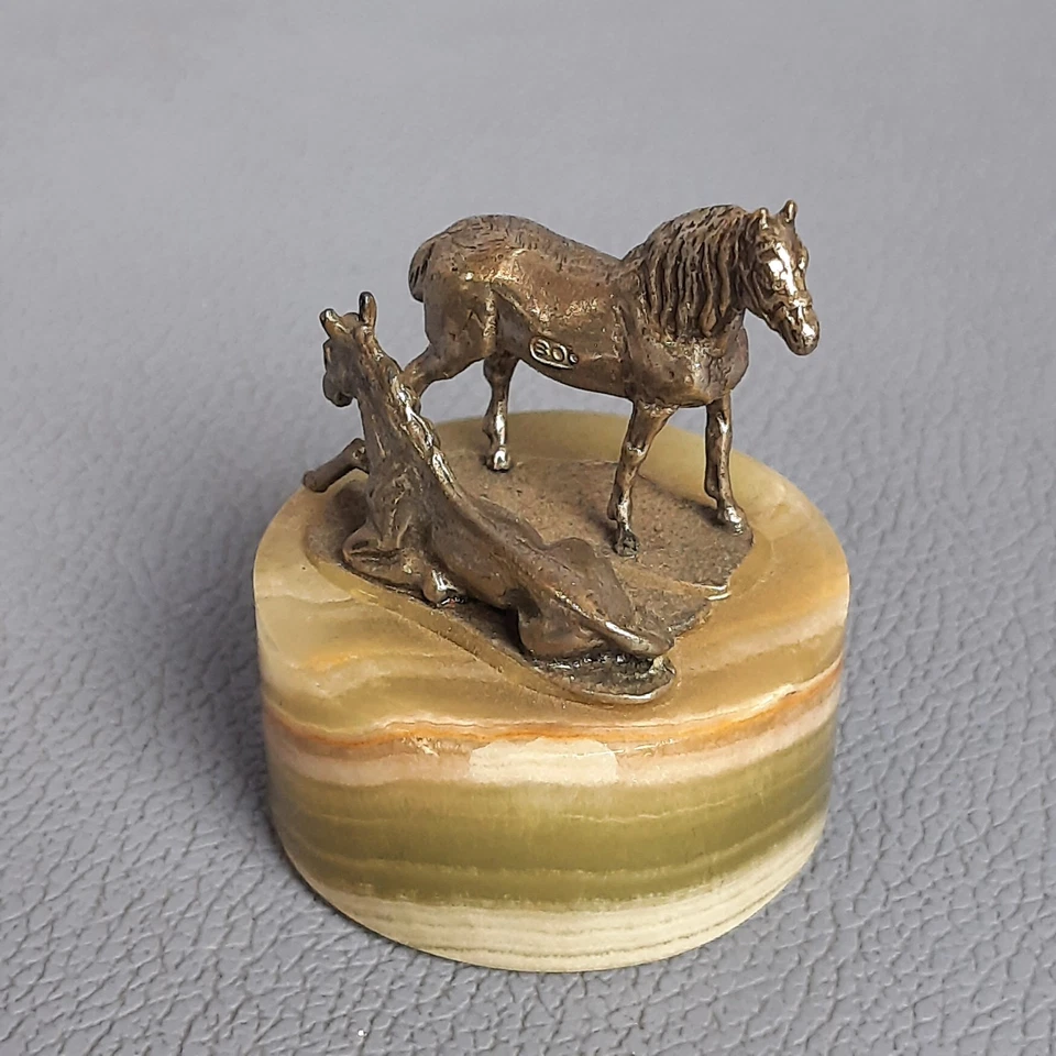 Miniatura Cavalli Scultura Argento 800 Base Marmo Onice Fermacarte Vintage 1960 - Immagine 2 di 4