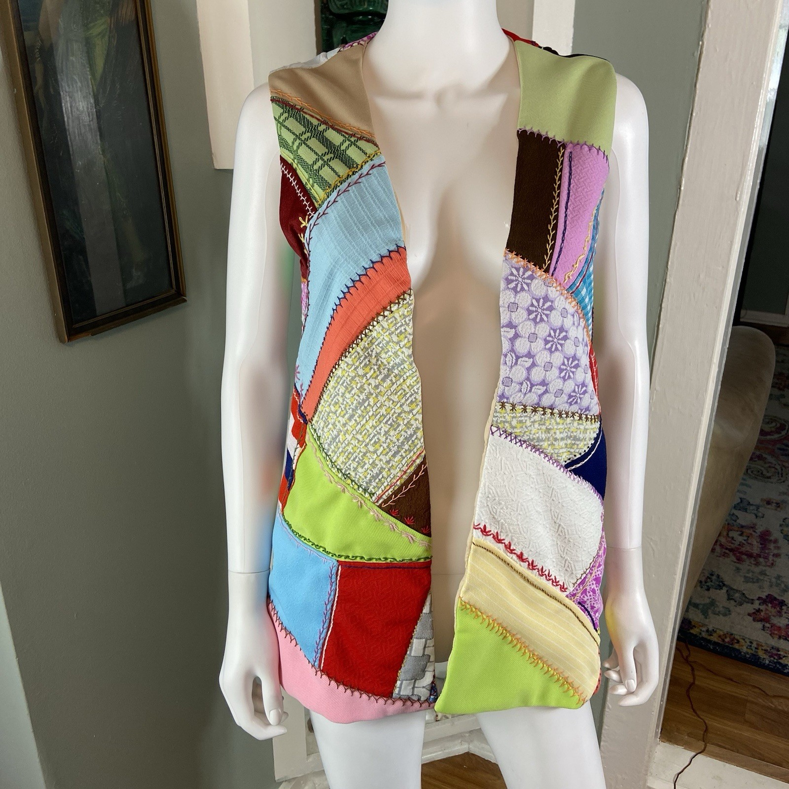 Vintage 60s 70s Polyester Patchwork Crazy Quilt V… - image 2