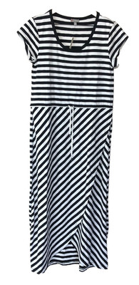 Talbots Stripe Maxi Dress Women s Medium Black White Cap Sleeve Tulip Hem Preppy