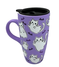 Cobwebs & Cauldrons Ghost Cat & Bats Lilac Coffee Mug with Lid Halloween NWT