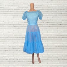 Vintage 50s Dress Blue Sheer Swiss Dot Puff Sleeve Ruffle Hem Cottage