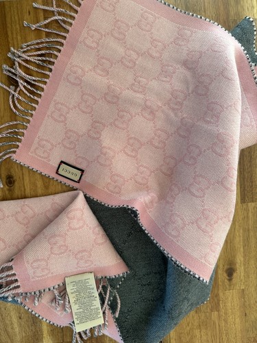 Gucci Fringe Scarf 727724 3GABR Gray x Pink - Picture 5 of 7