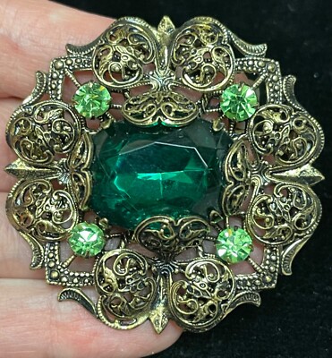 Western Germany vintage Green rhinestone filigree brooch pin jewelry
