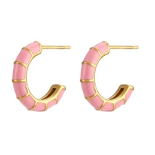 Light Pink Enamel Bamboo C Shape Hoop Huggie Earrings 18K Gold Plated