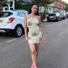 Vintage Beige Floral Bodycon Dress Hippie Summer Beach Halter Knit Flower Outfit