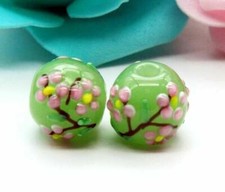 10pcs handmade Lampwork glass round Beads 16mm---pink Plum blossom on green