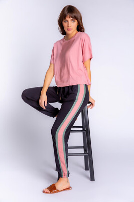 PJ SALVAGE Womens Black Satin Side Stripe Jammie Jogger Lounge