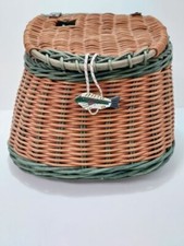 Vintage Fishing Creel Wicker & Leather Basket Green Trim