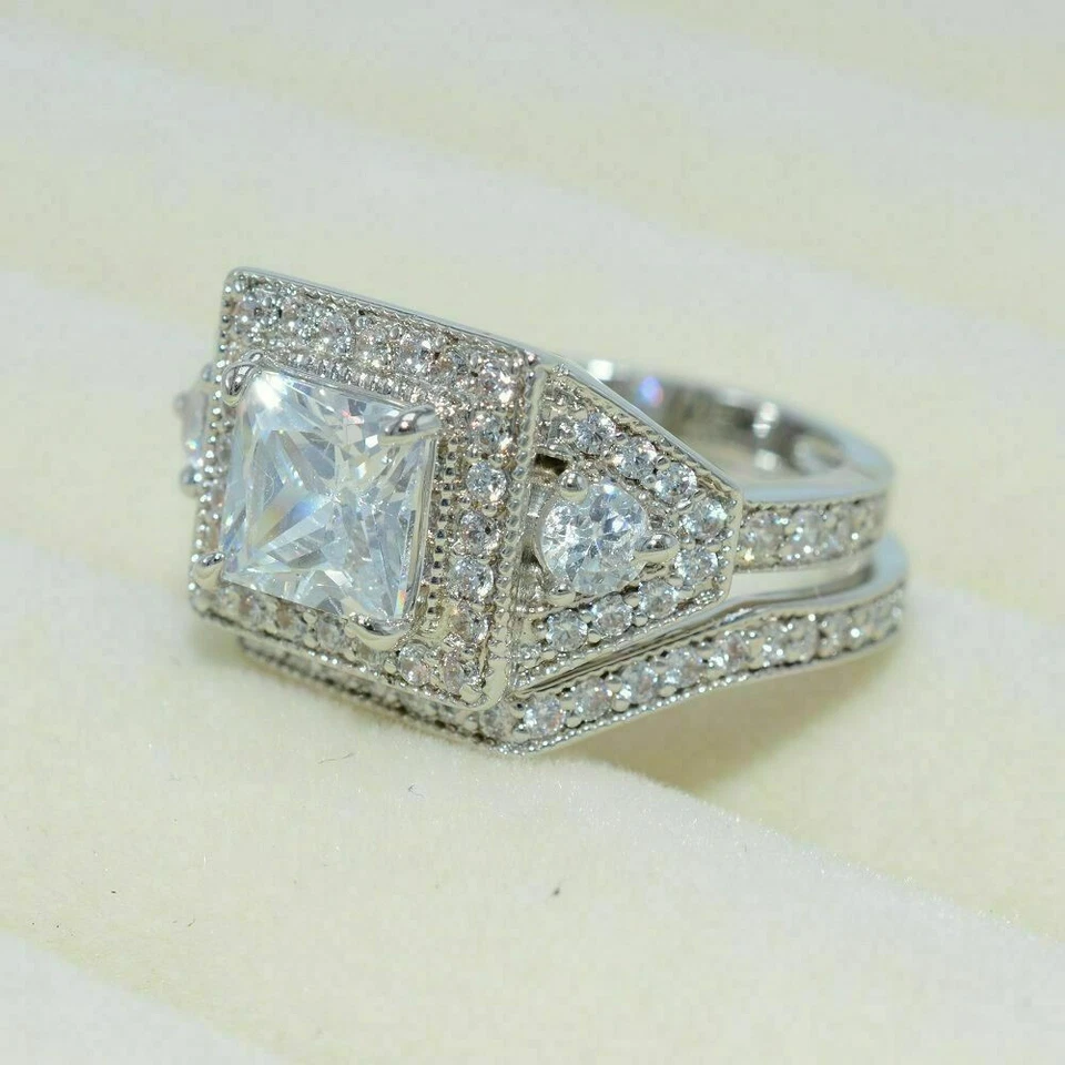 3Kt Prinzess Diamant Halo Hochzeit Ring Braut Set Verlobungsring Weißgold-Finish - Bild 2 von 4