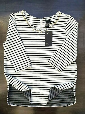 Jules & Leopold Women's L Pullover Top White Black Stripe Beaded Back Zip 