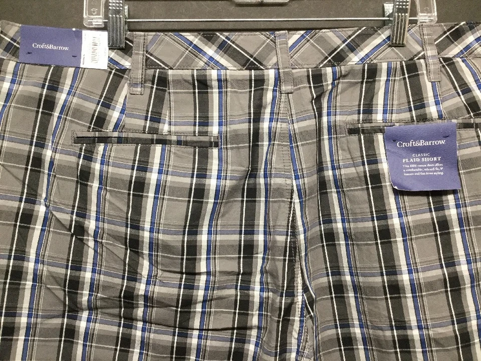 全新带标签 CROFT & BARROW 男式黑色蓝色白色格子休闲短裤 W42 — 第 3/4 张图片