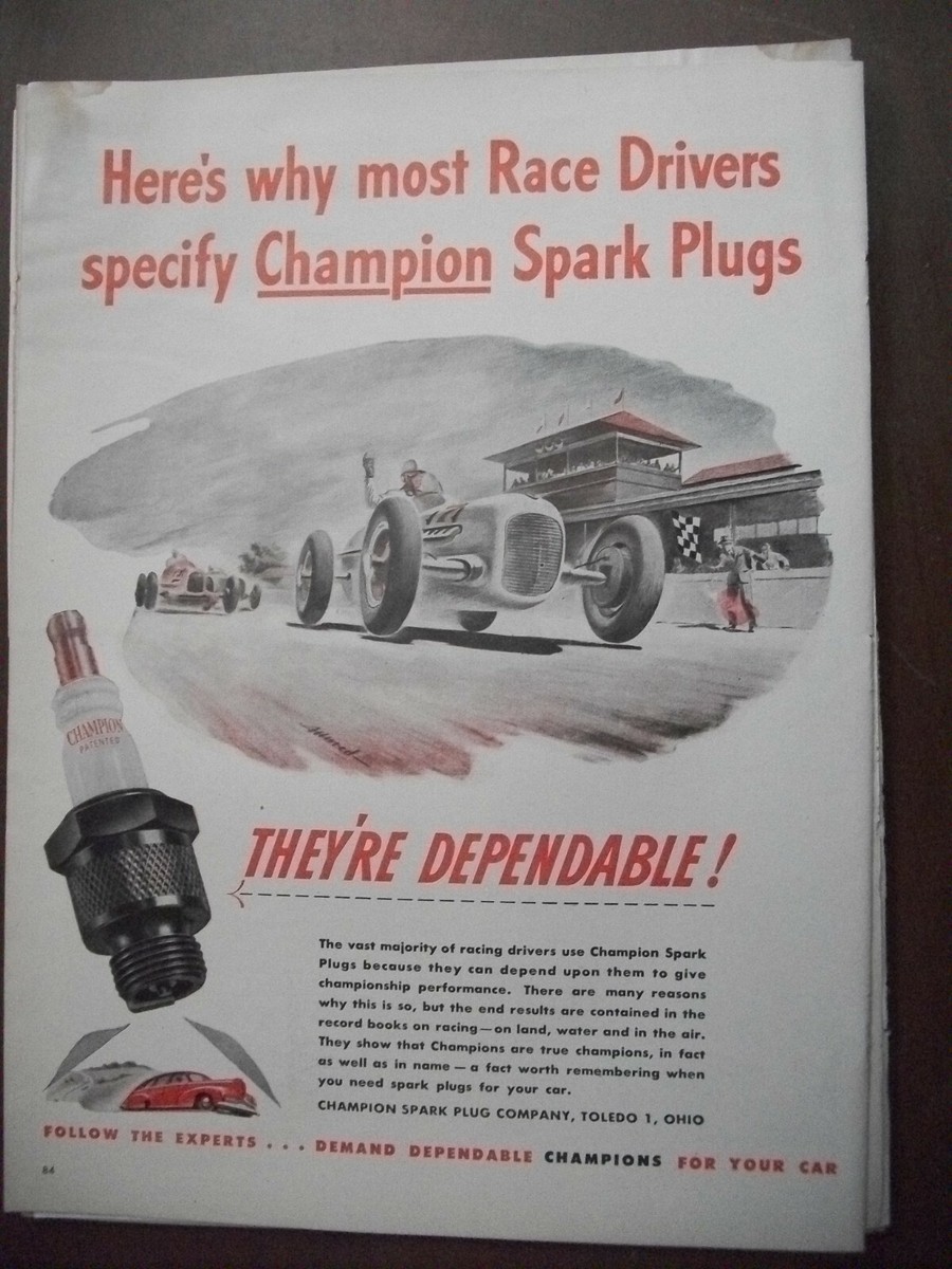 1946 Vintage Original Magazine Ad Auto Spark Plug Champion Race