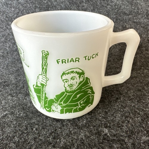 1950'S ROBIN HOOD Hazel Atlas Milk Glass Handled Mug 3" White Green Vintage - Picture 6 of 20