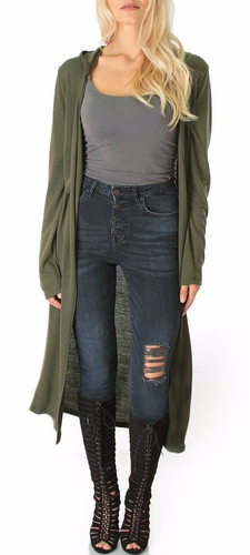 Open Front Hooded Long Sleeve Tunic Maxi Cardigan Cover-Up S M L XL - Picture 11 of 20