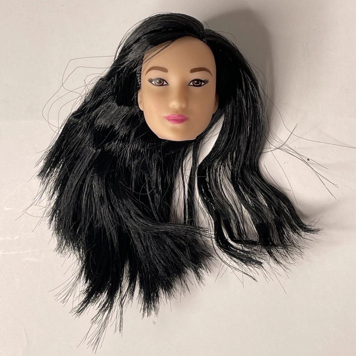 Brunette Barbie Doll Head Asian Pale Light Skin tone Black Hair