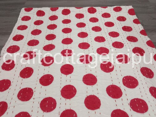 Copriletto matrimoniale rosso a pois Kantha stampa blocco fatto a mano trapuntato cotone - Foto 7 di 14