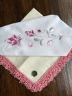 Vintage Handkerchief Hankies Irish Linen Pink Crochet Embroidered Set of 2 NWT