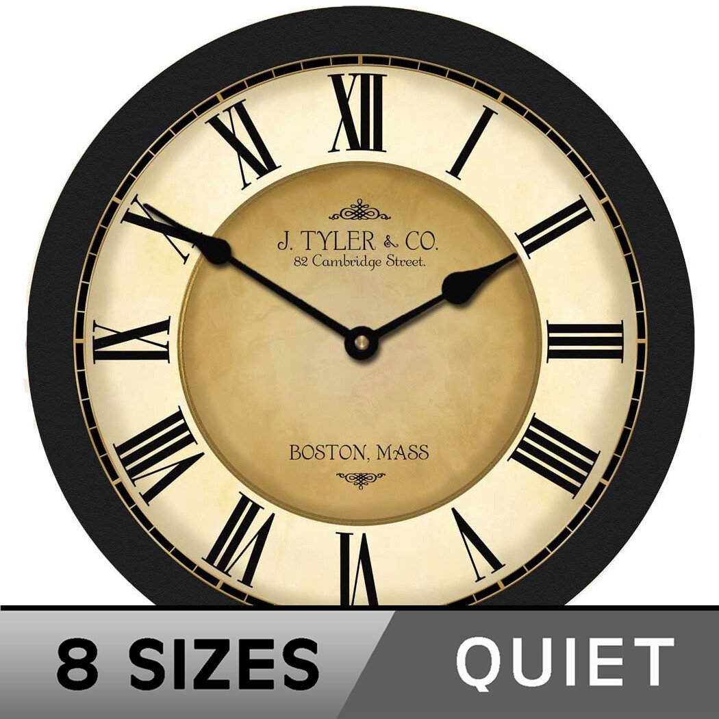 Galway Black Clock, Black wall clock, Ultra Quiet, Lifetime Warranty, 8 sizes,