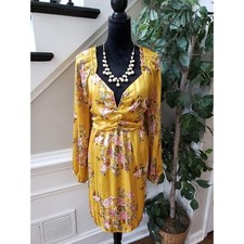 Forever 21 Sheath Dress Womens OX Yellow Floral Keyhole Back Bow Sweetheart Neck