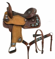 14", 15", Double T  barrel style horse saddle set with embroidered Navajo