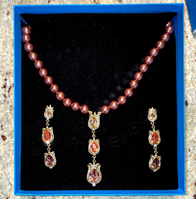 Heidi Daus Purple and Coral Tulip Necklace, and Earrings Set.
