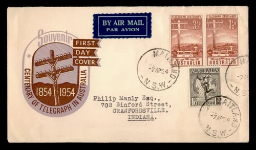DR WHO 1954 AUSTRALIA FDC TELEGRAPH CENTENARY CACHET COMBO PAIR w8379