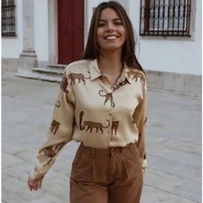 ZARA Satin Silky Leopard Print Button Down Shirt Sz XL EE32