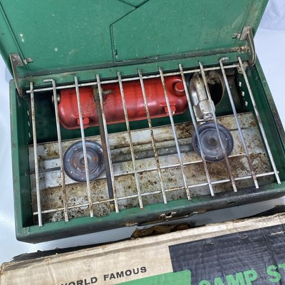 Réchaud De Camping Vintage Coleman 413G499 - 2 Feux Vert - Années 70 - État Fonctionnel
