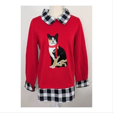 Country Store Womens Sweatshirt Small Embroidered Cat Layered Buffalo Plaid NWOT