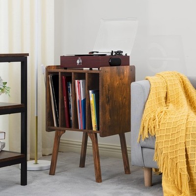 LELELINKY Houten platenstandaard met 4 kasten, mid-century vinyl
