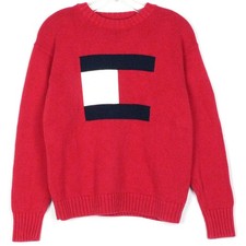 1990s Vintage Tommy Hilfiger Sweater Y2K Red Crew Pullover Big Block Flag M