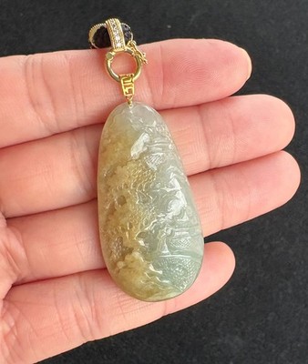 Icy Floating Yellow Landscape Jadeite Jade Pendant, Icy Zen/Enlightenment