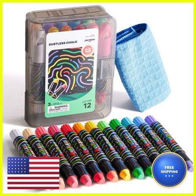 Jar Melo Dustless Chalk For Kids Twist-Up Holders, 12 Washable Colors Bulk