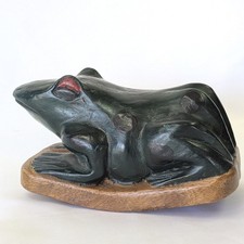 Vintage Hand Carved Wood Frog Figurine Forest Green Folk Art Rocking Toy