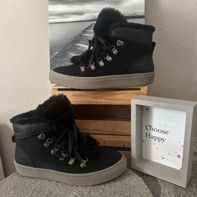 COUGAR Daniel Waterproof Black Suede Faux Fur Trim Logo Ankle Boots 8/38.5 NWOT