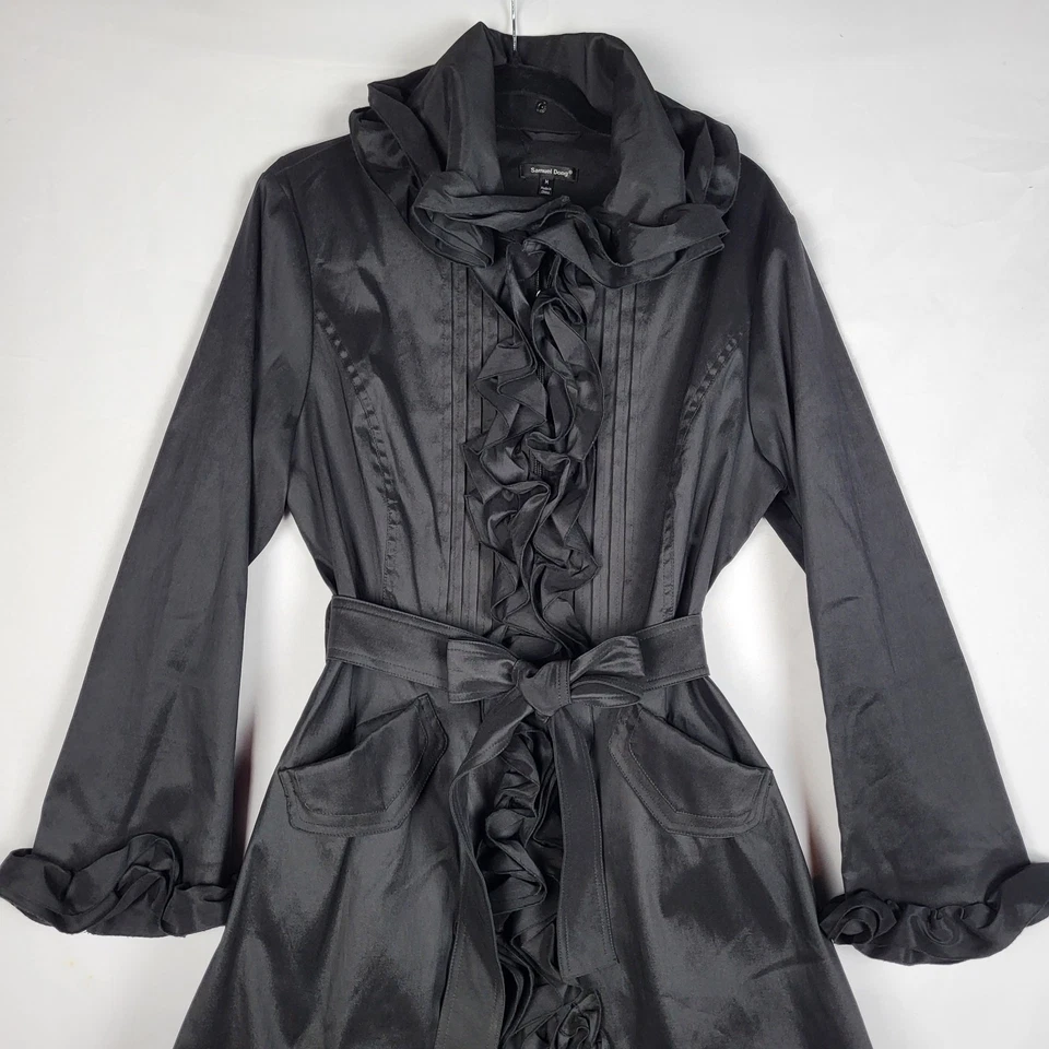 Vestido gabardina Samuel Dong con volantes talla mediana negro con cinturón cremallera completa tafetán Foto 4 de 4