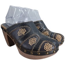 Spring Step Marietta Black Leather Heel Clog Size 40 US 9 Turkish Tooled Floral