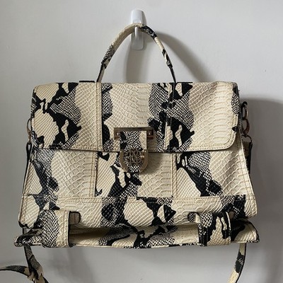 Vintage Roberto Cavalli Python Embossed Leather Top Handle Bag Cream Black Italy