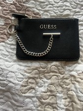 VTG GUESS Signature Small Black Leather Wallet Clutch Logo Silver Chain