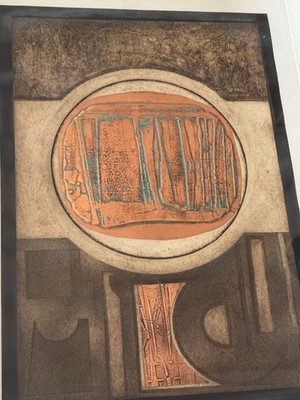 Vintage 1970s Collagraph Print Modern Art Wall Hanging Signed J.B. Thompson
