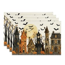 4 Pcs Haunted House Jack O Lantern Placemats 12 x 18 Inch